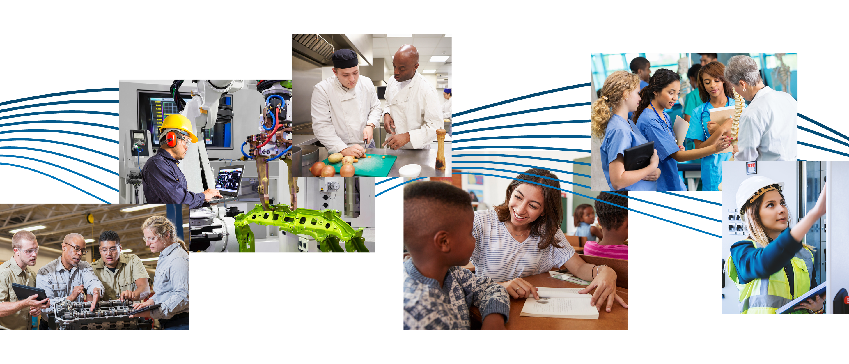 Collage of photos showing various occupations include automotive, healthcare, and culinary arts.